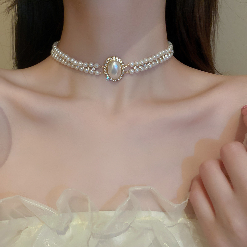 Baroque Oval Pearl Inlaid Dia Double Layer Fashionable Elegant Choker Forest Style Exaggerated Versatile Women's Necklace