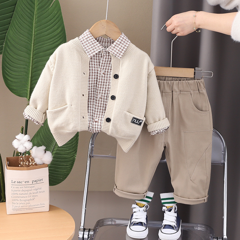 Boys' Spring Set 2025 New Fashionable Children's Standard Long Sleeve Sweater Coat Baby Casual 3-Piece Set Free Shipping Designer