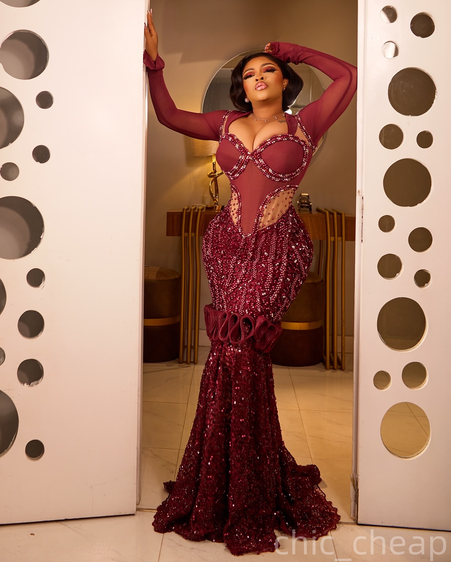 Burgundy Mermaid Prom Dresses 2025 Pearls Crystals Illusion Lace Evening Formal Party Second Birthday Engagement Gowns Plus Size Dress For Special Occ