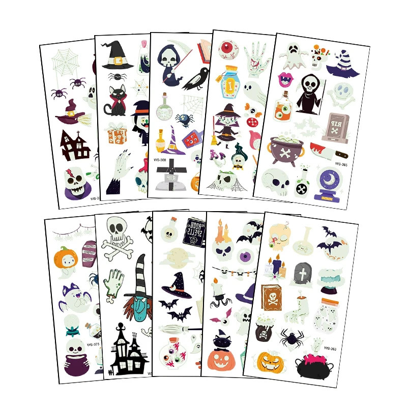 10Sheets Halloween Luminous Tattoo Stickers Ghost Pumpkin Kids Adults Halloween Party Decoration Glow In The Dark Supplies Gifts 251010
