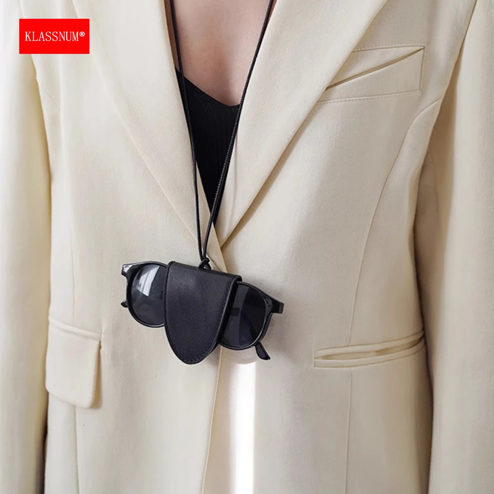 KLASSNUM Neck Glasses Case Genuine Leather Magnetic Neck Hanging Glasses Bag Necklace Trendy Portable Glasses Clip Pendant 251016