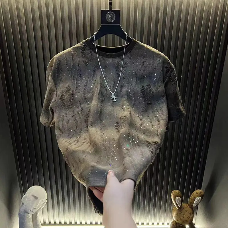 Summer Mens Shortsleeved Trendy Distressed Roundneck Halfsleeve Tshirt Top 251018