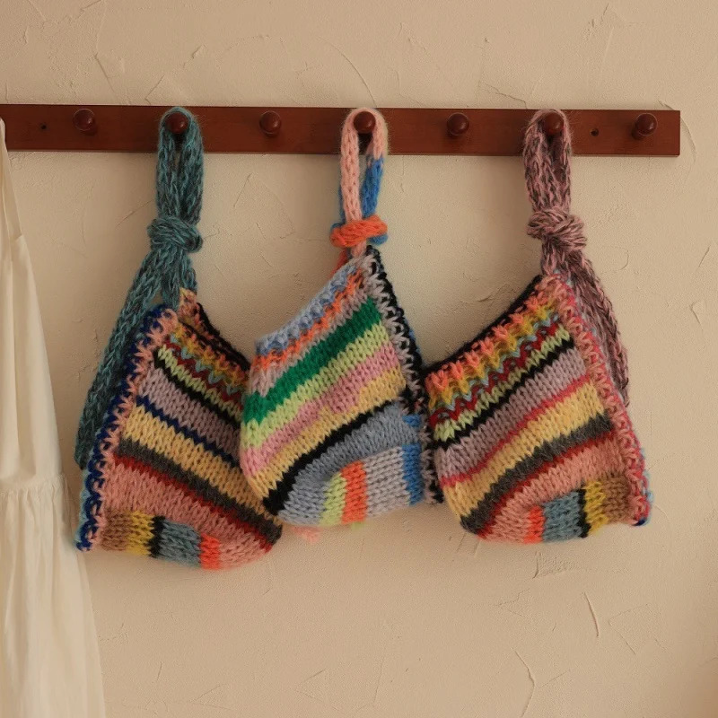 Color Striped Ear Protector Balaclava Hat Winter Hand Crocheted Contrast Color Neck Tie Pullover Beanies Cap for Women 251014