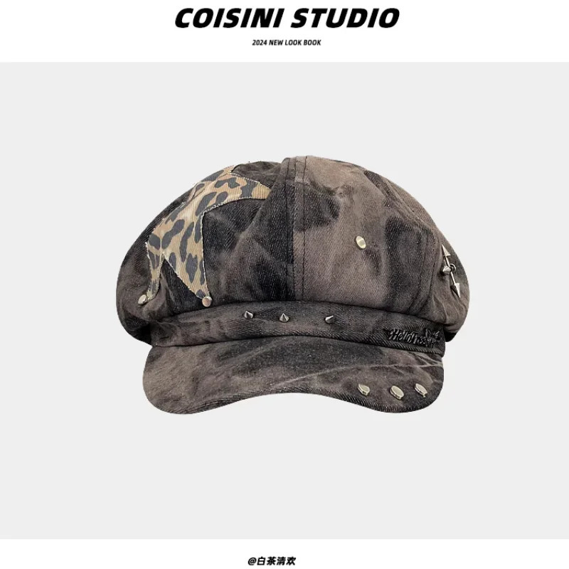 Y2K Personalized Star Sticker Rivet n Berets Caps for Women Spring and Autumn Fashion Versatile Retro Tiedye sboy Hats 251008
