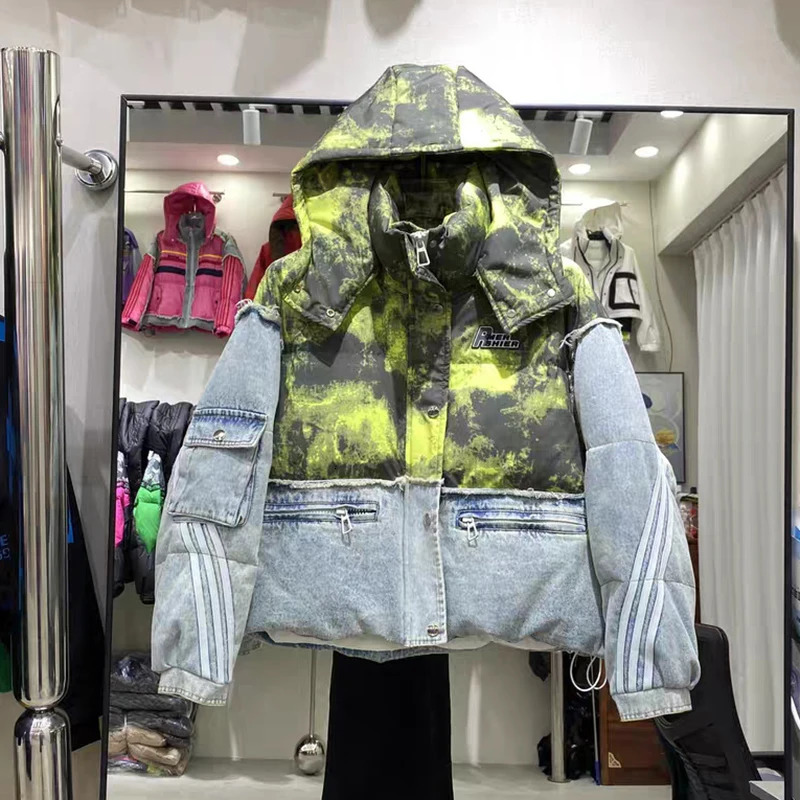 Winter Short Denim Spliced Removable Hooded Down Jacket Women White Duck Patchwork Jackets Female Thick Warm Parka Outwears 251017