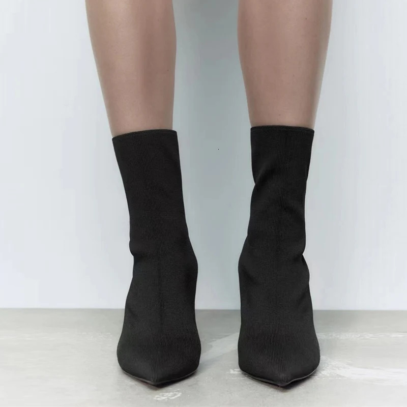 Liyke Woman Black Knitting Stretch Fabric Sock Boots Elegant Pointed Toe Ankle Boot High Heels Party Prom Shoes Size 40 251011