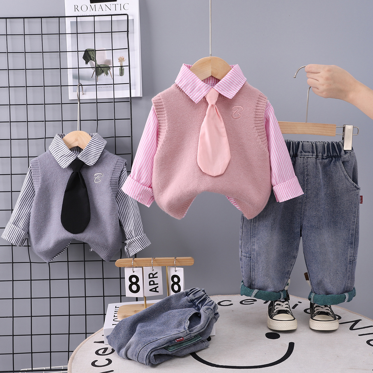 Boys' autumn solid color sweater vest three piece set 2025 new baby spring autumn knitted children's Korean version set free shipping design