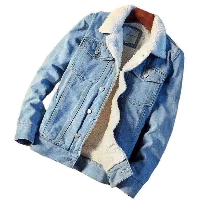 hoodie Winter Fleece-lined Thickened Denim Men's Korean Trendy Loose Fit Top Japanese Style Jacket For Men jacket