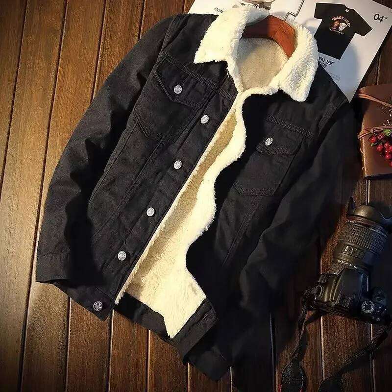 hoodie Winter Fleece-lined Thickened Denim Men's Korean Trendy Loose Fit Top Japanese Style Jacket For Men jacket