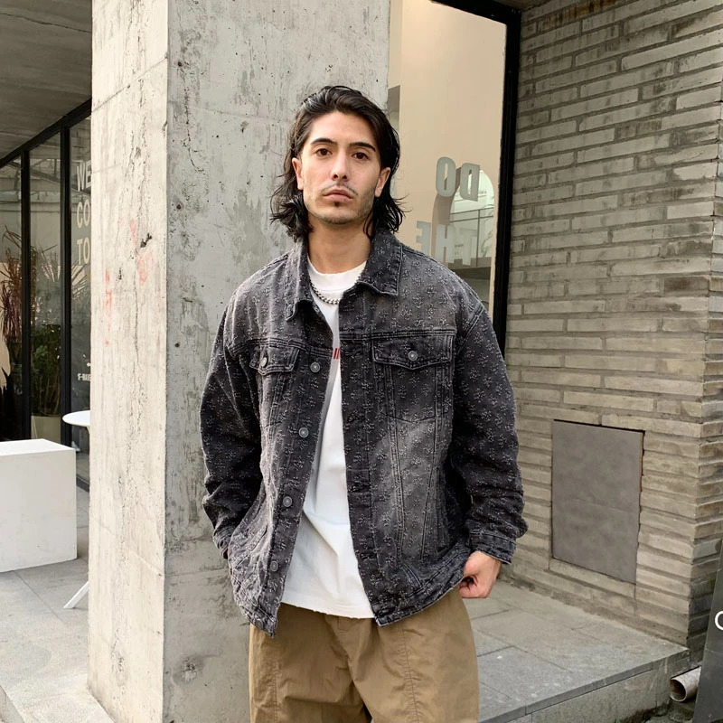 European Autumn Winter Ivory White Denim Coats For Men Jacquard Pattern Ripped Washed Male Oversized Jeans Jackets 251014