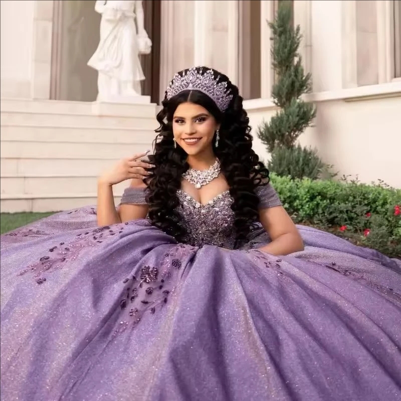 Lilac Shiny Quinceanera Dresses Off The Shoulder Sequin Beading Crystal Corset Tull Party Birthday Sweet 16 Dres Vestidos 15 De Anos