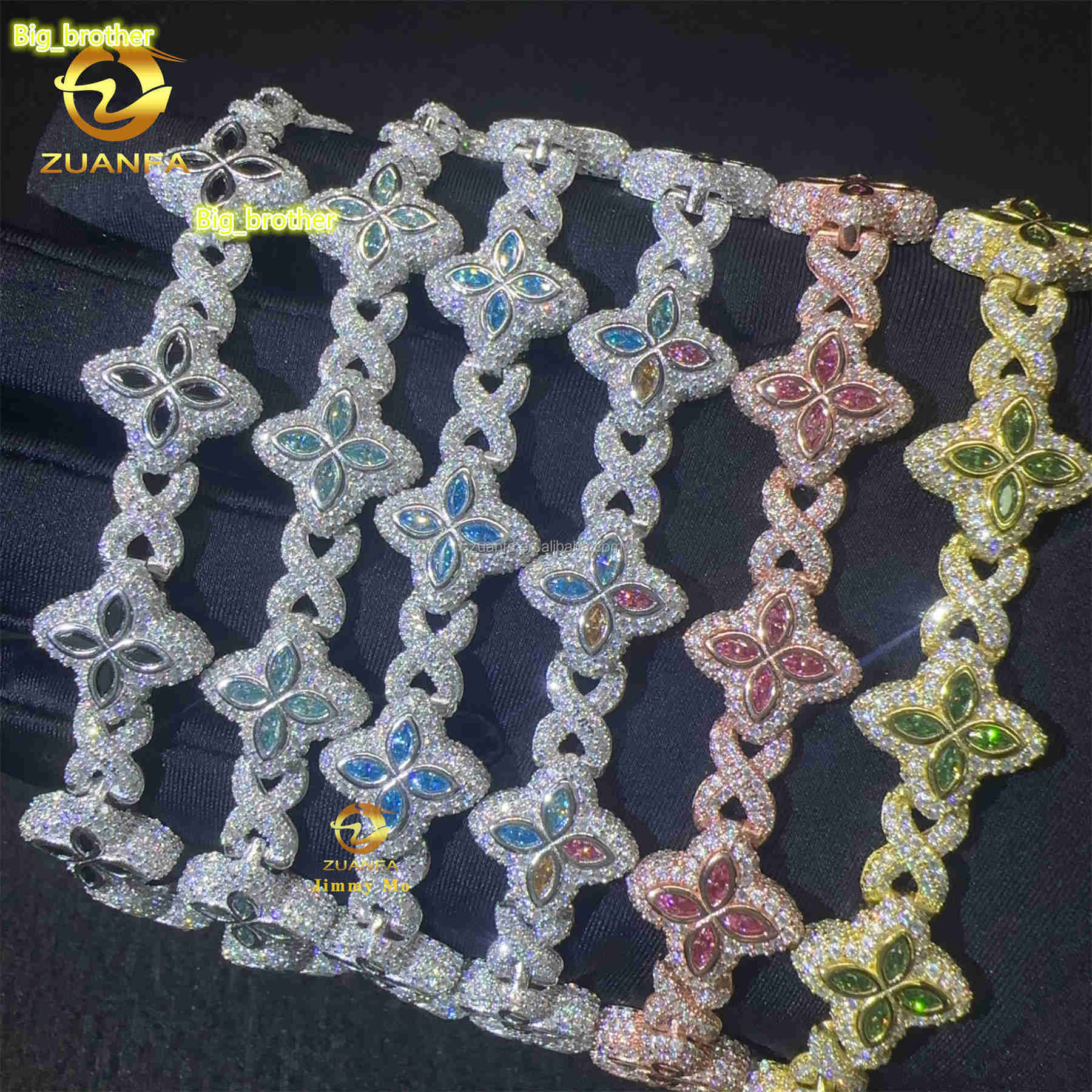 Bulk Stock New Design 13mm Marquise Flower Design Hip Hop Jewelry Iced Out Moissanite Diamond Infinity Cuban Link Bracelet Men