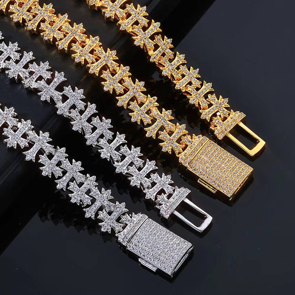 Eskeem Luxury 8511MM Iced Out Link Chain Necklace Silver Plated Cross Bling Zircon Stones Hip Hop Fine Jewelry