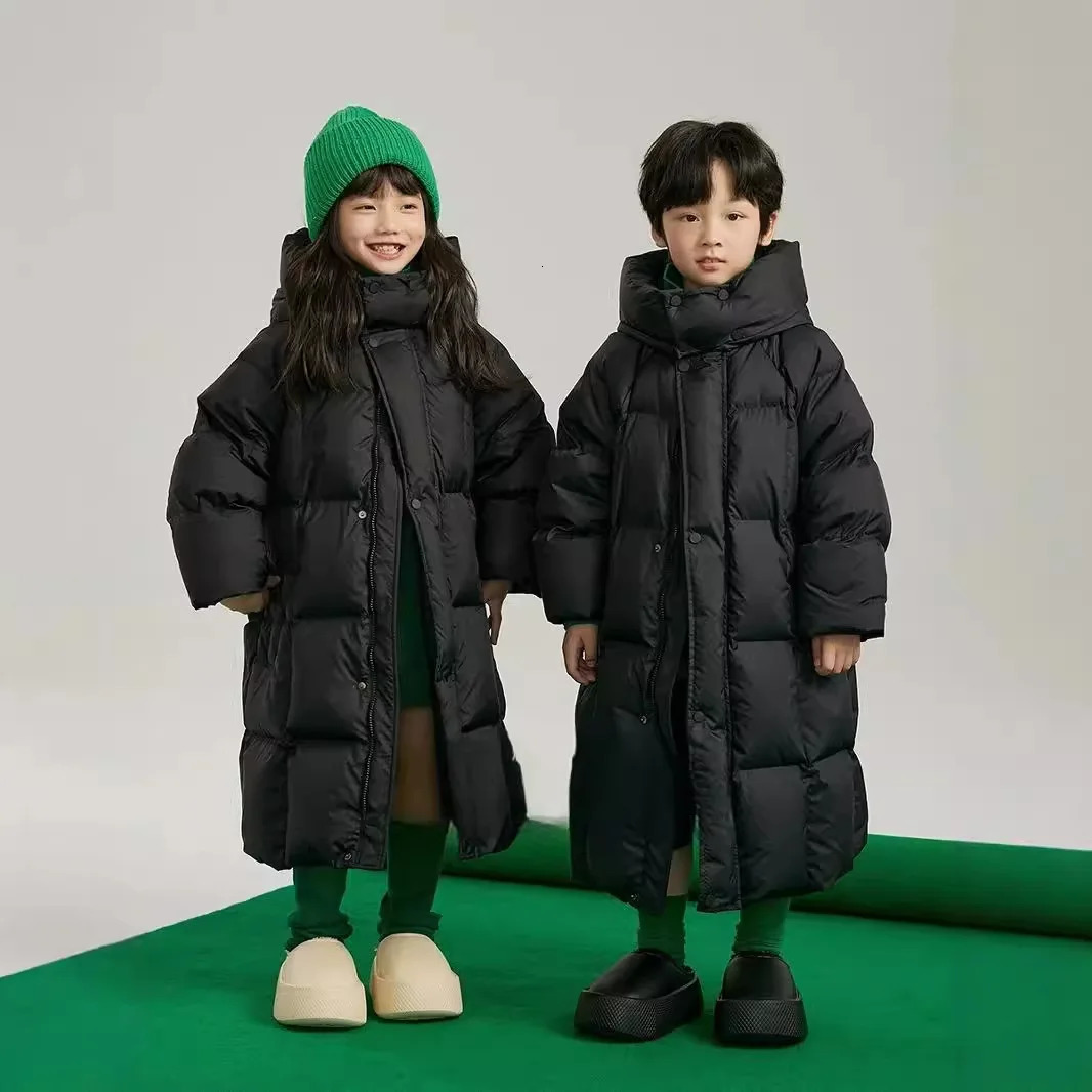 Winter Children Warm Down Jacket Teen Solid Color Thick Hooded Zipper Coat Kid Boys Girls Long Cottonpadded Clothes 251015