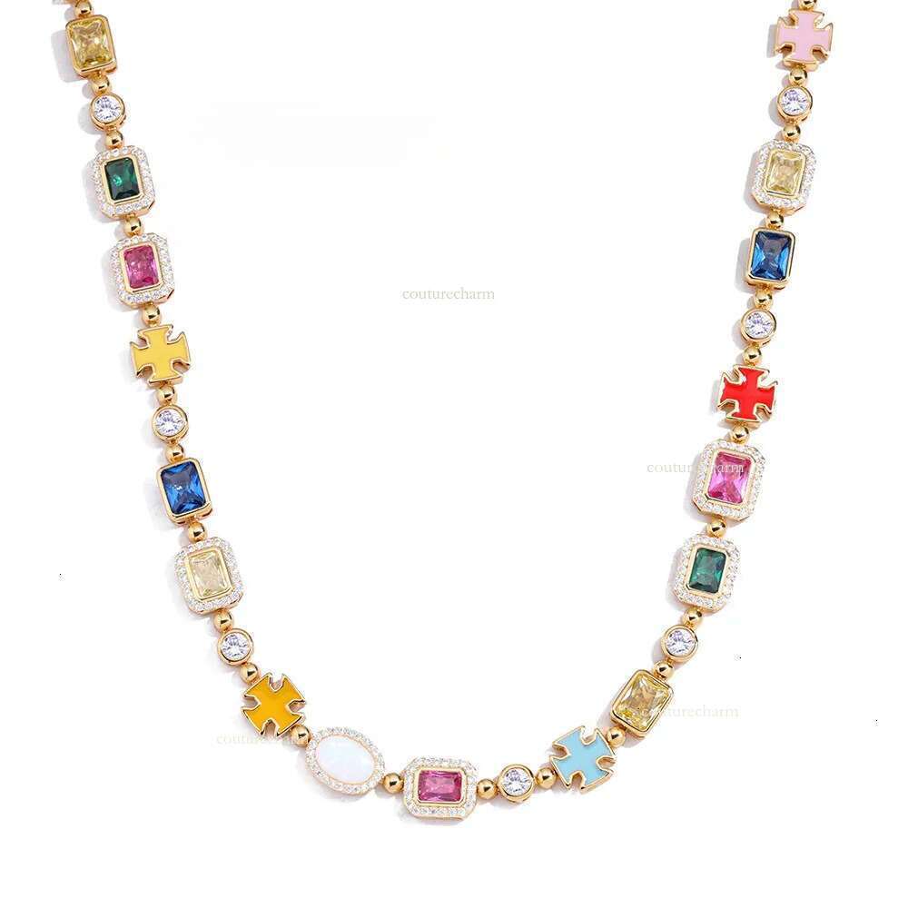 Nuoya 10mm Custom Multi Color Enamel Bling Moissanite Stone Sier Geometric Gemstone Motif Iced Out Chain Necklace