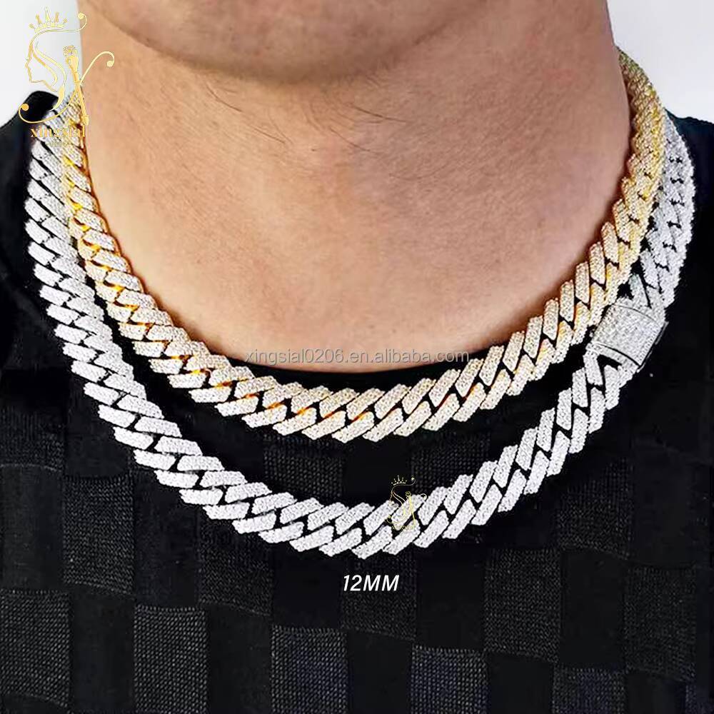 Hip Hop Style Jewelry 925 Silver 18K Gold Plated Mens Baguette Cuban Necklace 12mm Iced Out Diamond Moissanite Cuban Link Chain