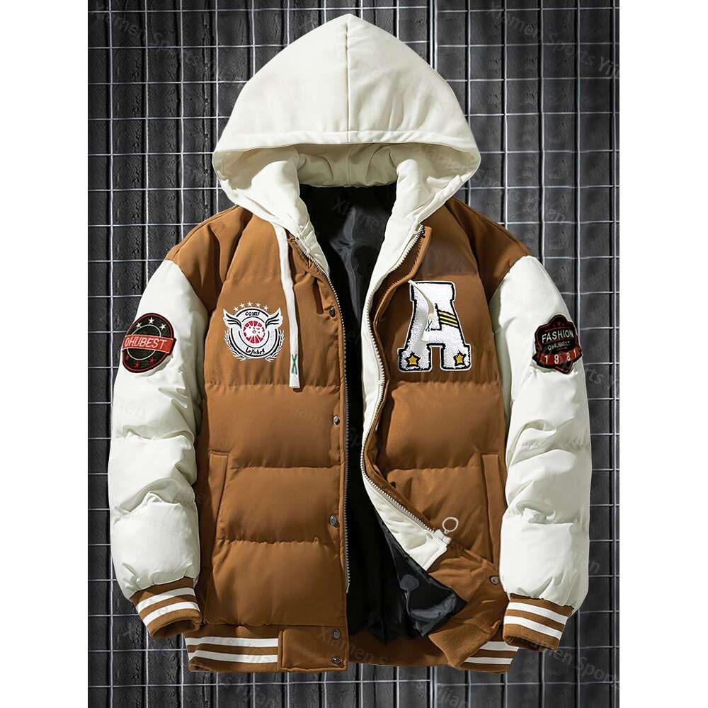 Men's Women's Heavyweight Hooded Red White Color Block Baseball Coat With Front Zipper Closure, Non-Stretch Fabric Outerwear Couples, Casual