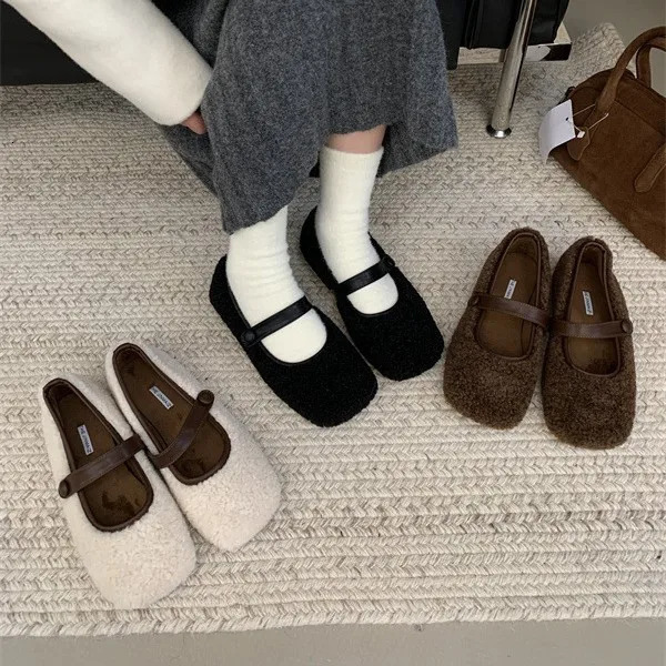 Comfortable Square Toe Wool Ballet Flats Women Warm Teddy Fur Mary Jane Shoes Women Elegant Fluffy Plush Loafers 251013