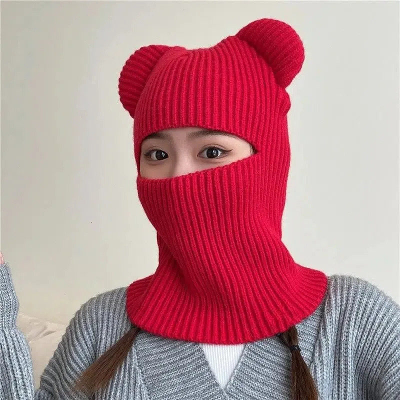 Womes Cute Full Face Cover Ski Mask Hat with Bear Ear Balaclava Knitted Hats Windproof Skullies Beanies Bonnet Winter Warm 251014