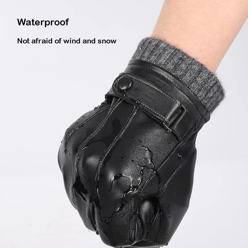 Winter Genuine Sheepskin Leather Gloves Men Warm velvet lined Full Finger Touchscreen Outdoor Cycling Driving Motorcycle Gloves 251015