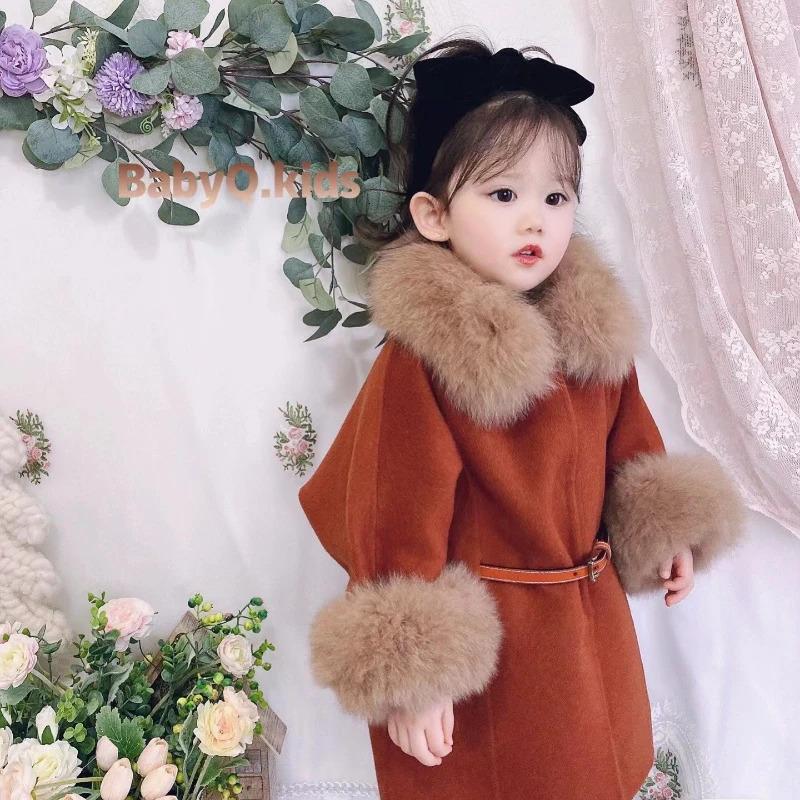 Winter All Wool Double Sided Cashmere Coat Belt Fox Fur Collar Coat Girls Winter Coat Christmas Girls Jacket 251015