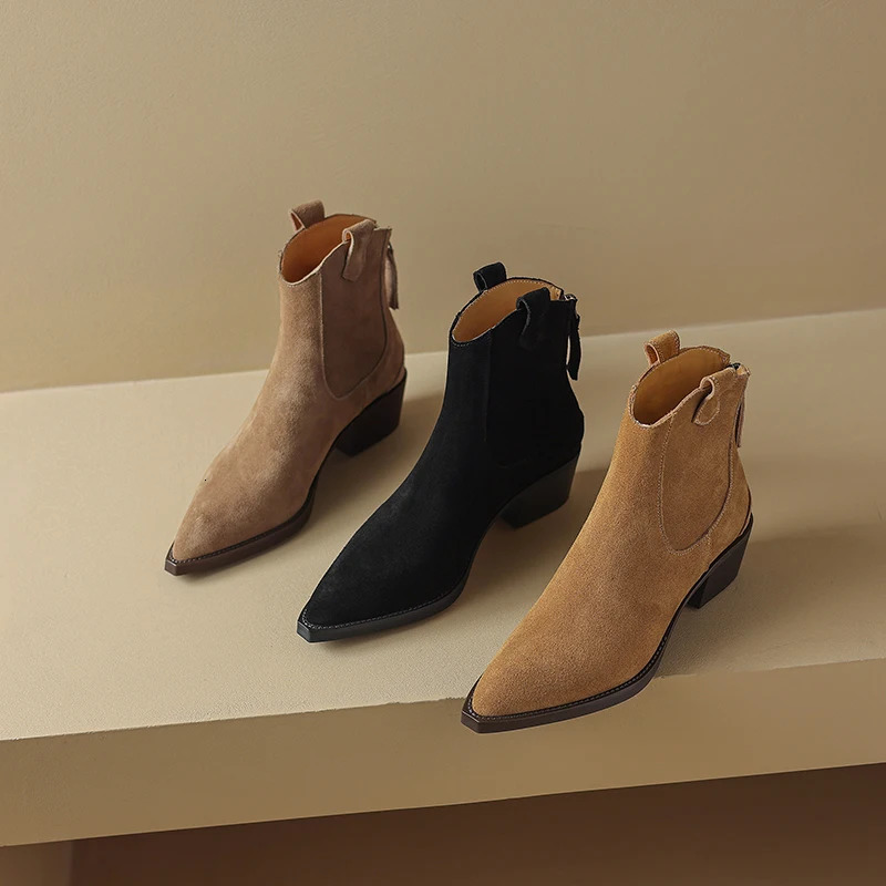 AIYUQI Womens Ankle Boots 2025 Pointed Toe Zippered Western Cowboy Boots For Women Block Heel Work Boots Female 251017