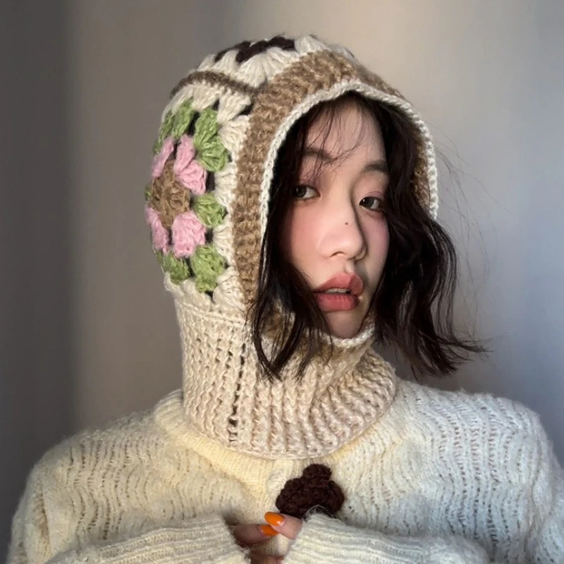 Handmade balaclava hat womens winter Korean version warm knitted yarn hat niche protective neck pullover hat 251014