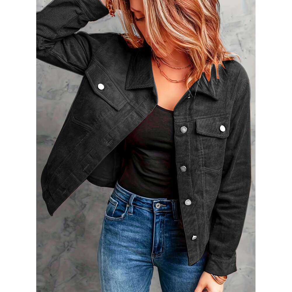 Corduroy Button Front Flap Pockets Jacket, Casual Long Sleeve Jacket For Spring & Fall, Women's Clothing