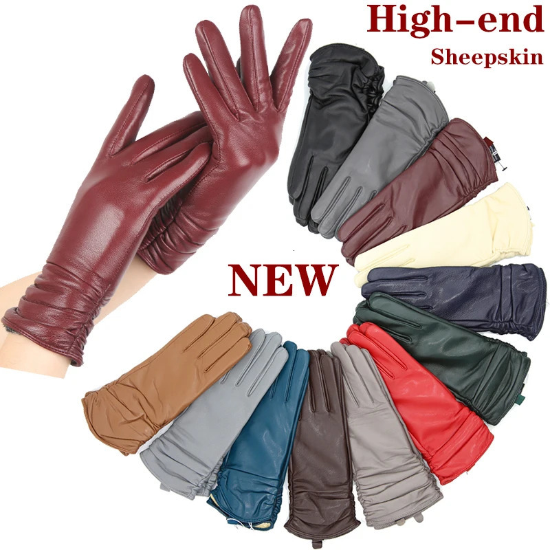 Classic pleated leather gloves women color real leather gloves women sheepskin Genuine Leather winter gloves women2081 251015