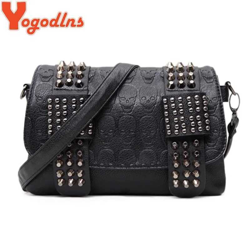 Yogodlns Women Black Leather Messenger Bags Fashion Vintage Messenger Cool Skull Rivets Shoulder Bags sac a main bolsa Z251018