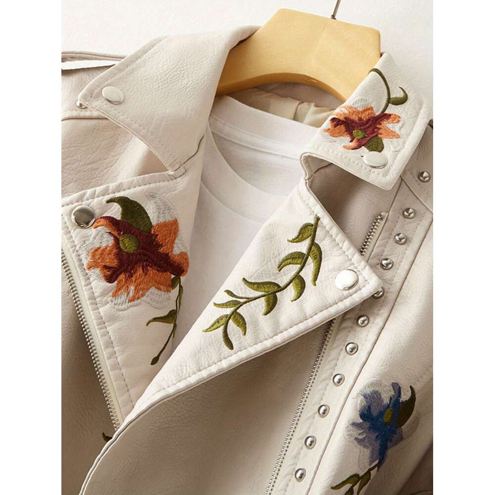 Women Floral Embroidered Moto PU Jacket Coat