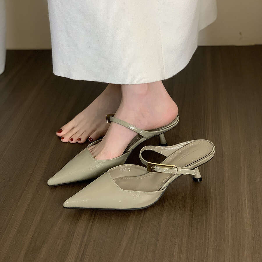 French Style Black Mid-High Heel Designer Shoe Peep-Toe Mules for Women, Outdoor Wear, 2025 New Elegant Socialite Half-Slip Single Shoes