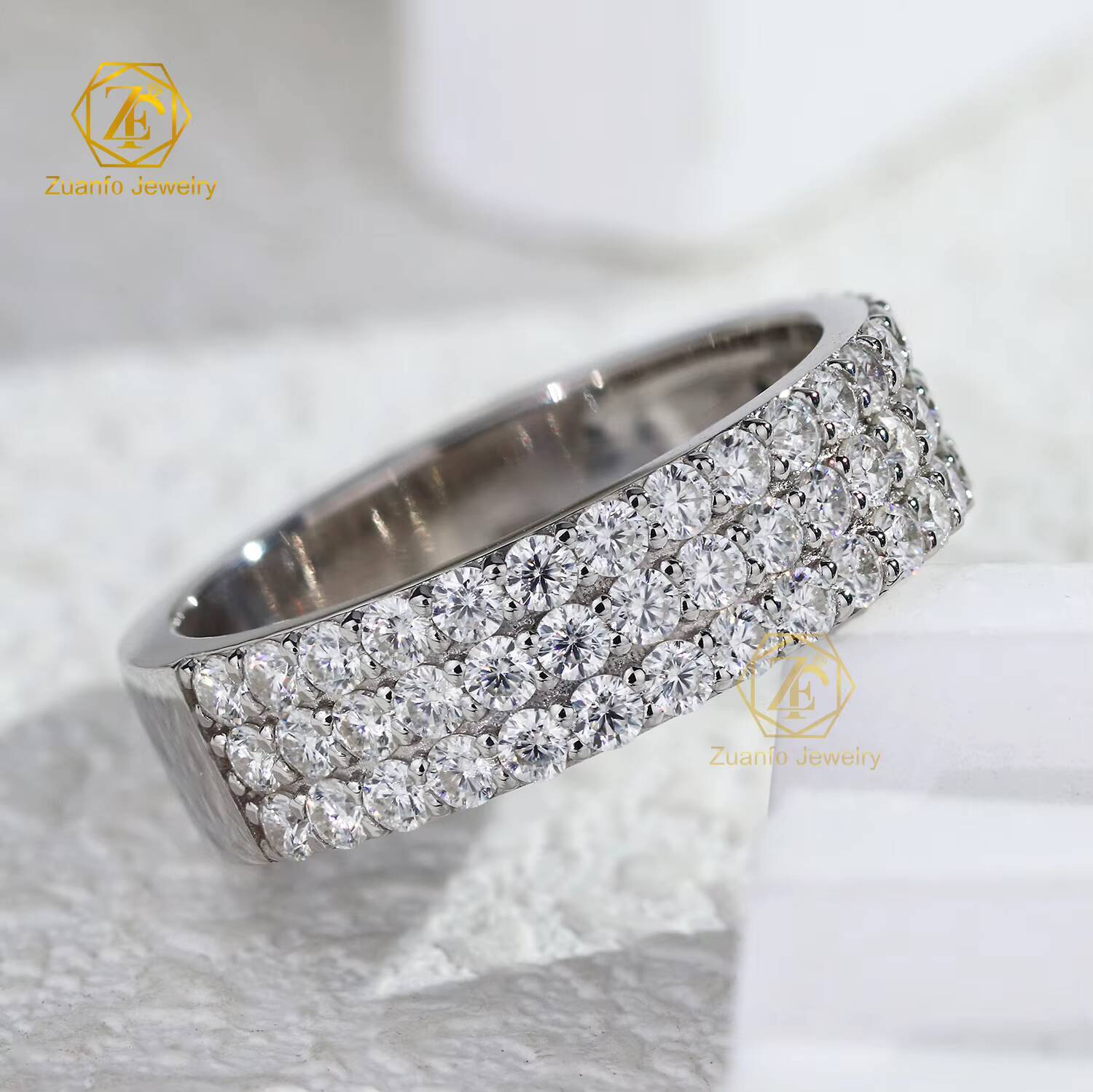 Custom VVS Moissanite Gemstone Ring 925 Sterling Silver White Gold 3Rows Moissanite Half Eternity Band Fine Ring