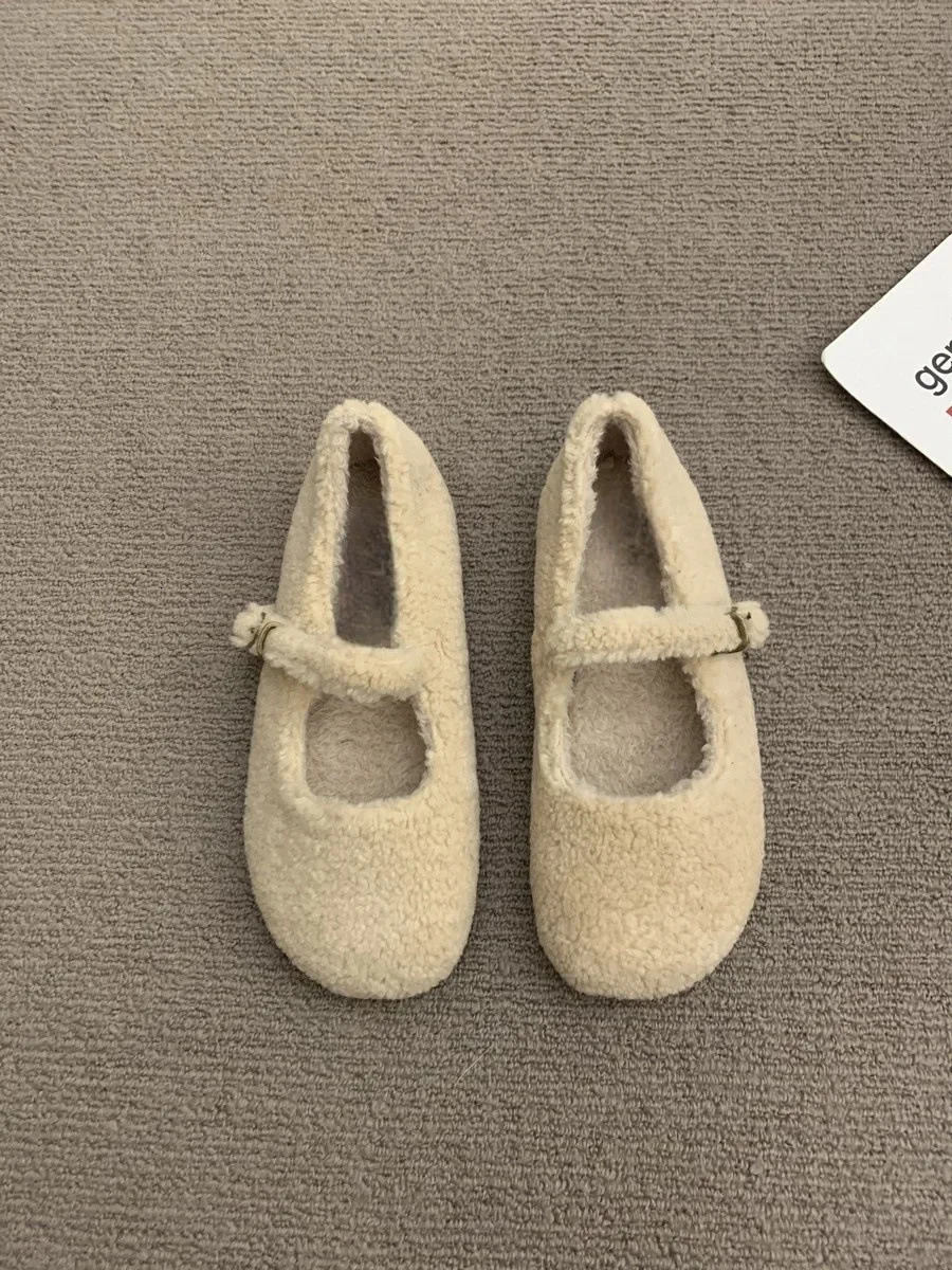 Fashion Round Toe Wool Ballet Flats Woman Concise Warm Plush Loafers Ladies Fluffy Mary Jane Shoes In Red Grey 251017