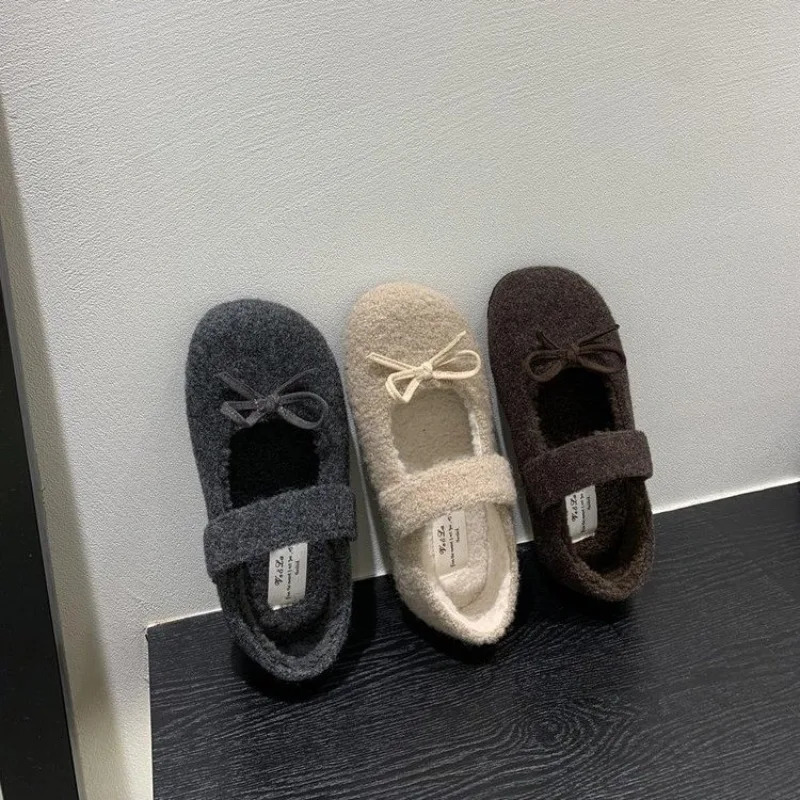 Elegant Plush Loafers Womens Shearling Ballet Flats Strap Warm Rabbit Fur Lined Crystal Buckle Mary Jane Flat Shoes 251013