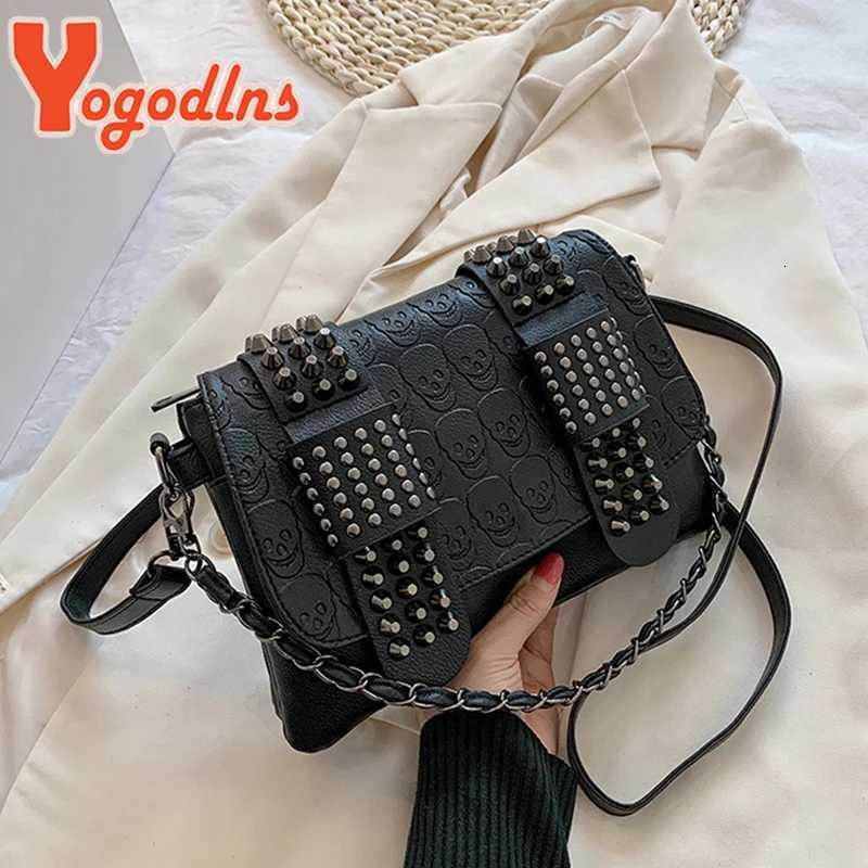 Yogodlns Women Black Leather Messenger Bags Fashion Vintage Messenger Cool Skull Rivets Shoulder Bags sac a main bolsa Z251018