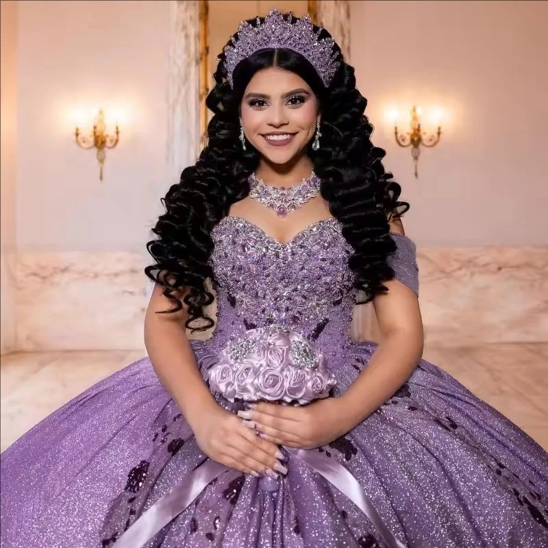Lilac Shiny Quinceanera Dresses Off The Shoulder Sequin Beading Crystal Corset Tull Party Birthday Sweet 16 Dres Vestidos 15 De Anos