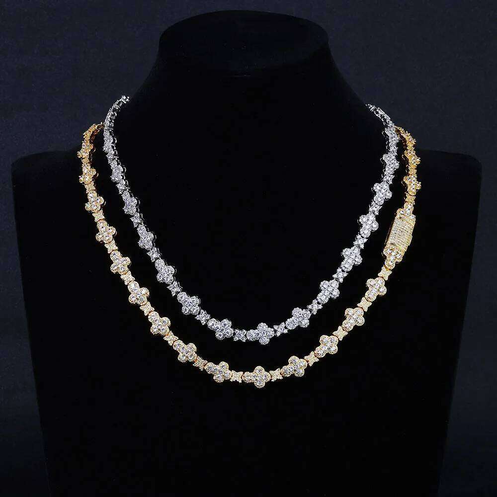 NY HipHop Jewelry New Style Bling Iced Out Cross Choker Necklace Women Full Pave Gold Plated Flower Star Link Chain