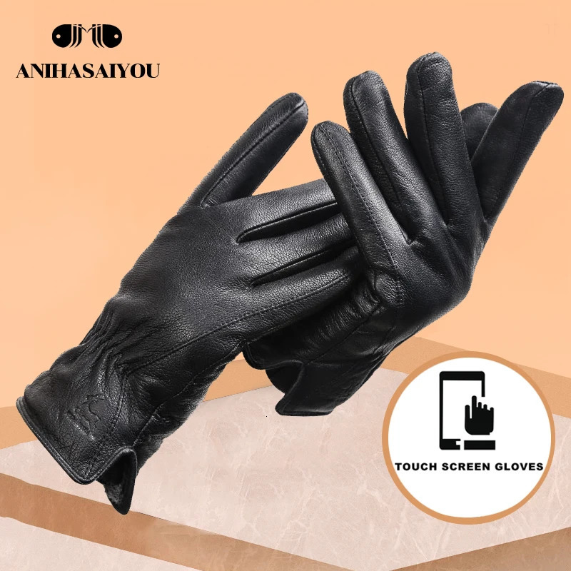 deer skin gloves male winterSimple mens leather gloves Soft mens glovesBlack Genuine Leather touch gloves 8025 251015