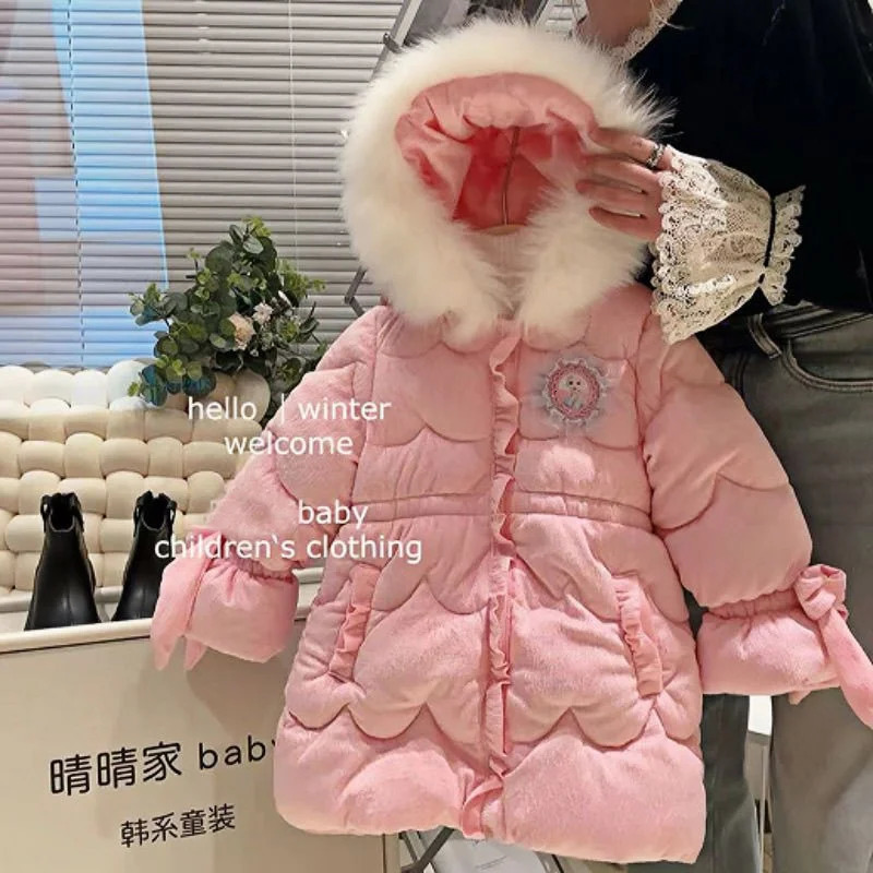 Frozen Elsa Girls Downcoat Winter Kid Clothes Fur Collar Hooded Padded Cotton Thicked down Jacket Children Princess Costume 251017