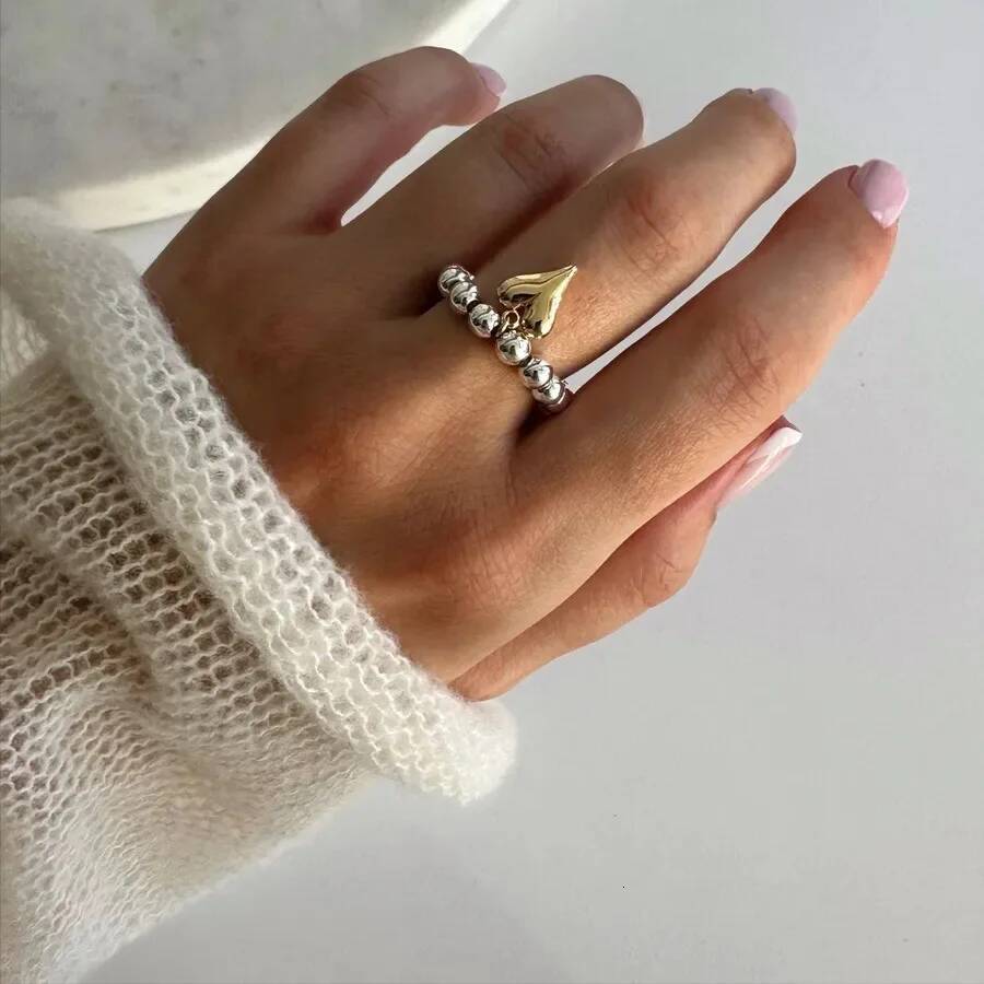 Rings for women Creative Handmade Beaded Bungee Cord Love Heart Pendant Girl Silver Color Adjustable Ring Jewelry free shipping