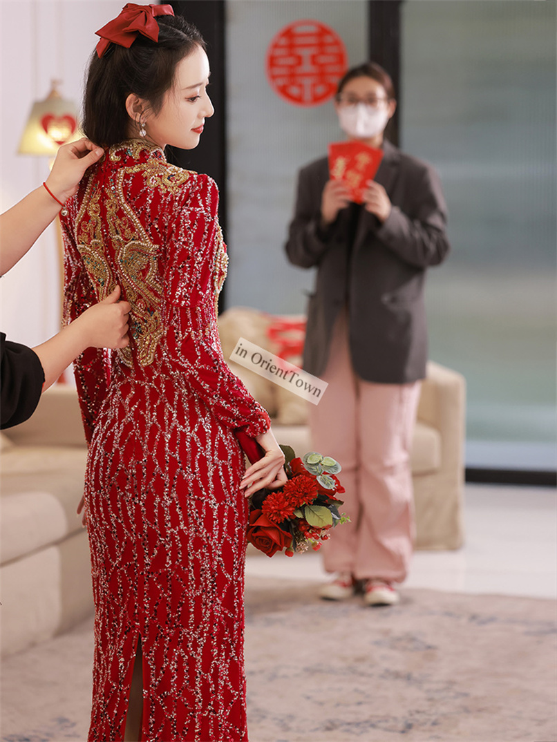 in OrientTown Wine Red Long Sleeve Bridal Gown Stand Collar Embroidery Cheongsam Brides Wedding Elegant Evening Dress in041