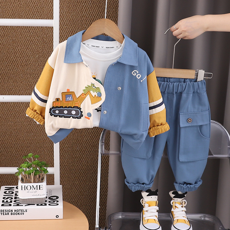 Boys' autumn fashion cartoon excavator three piece set, baby's autumn handsome baby clothes trendy children's fashion free shipping