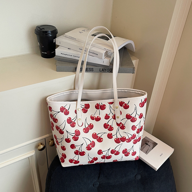 Luxury Brand Designer Bag 2025 New Cherry Print Tote Bag PU Single Shoulder Crossbody Large Capacity Bag Summer Fashion Versatile Commuter Bag