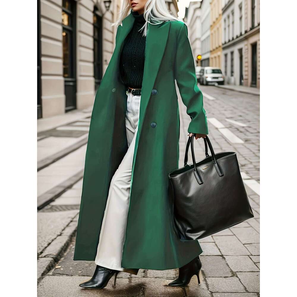 Women's Elegant Green Coat Long Formal & Professional Hine Washable Winter Trench With Structured H-Silhouette For Office, Parties, Everyday - So