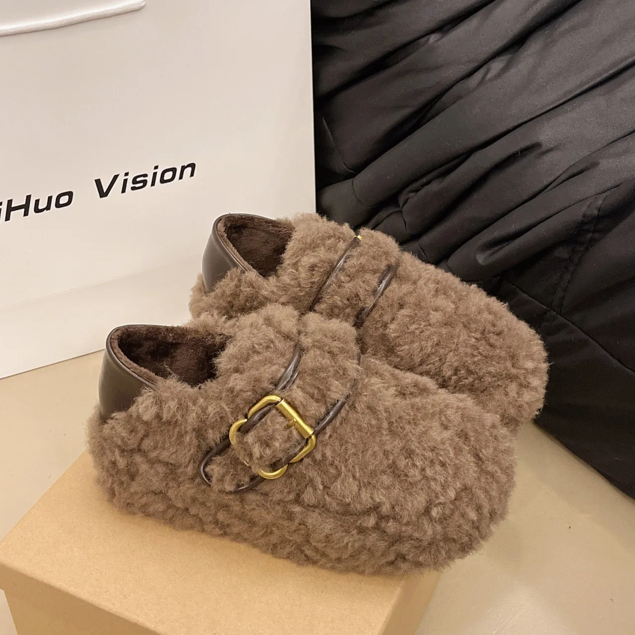 thick botton wool fur flats women buckle belt leopard slip on loafers female round toe sheep fur winter shoes woman mocasines 251013