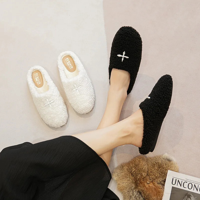 Big Size 4243 Women Lambswool Slippers Embroider Shoes Winter White Fur Slides Pantufla Loafers Femme Plush Cotton Woolen Mules 251013