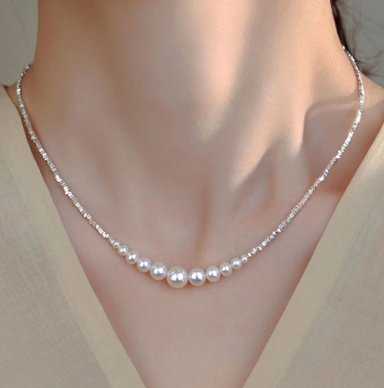 Broken silver pearl necklace simple ins French high-end light luxury girlfriend Valentine's Day girlfriend gift