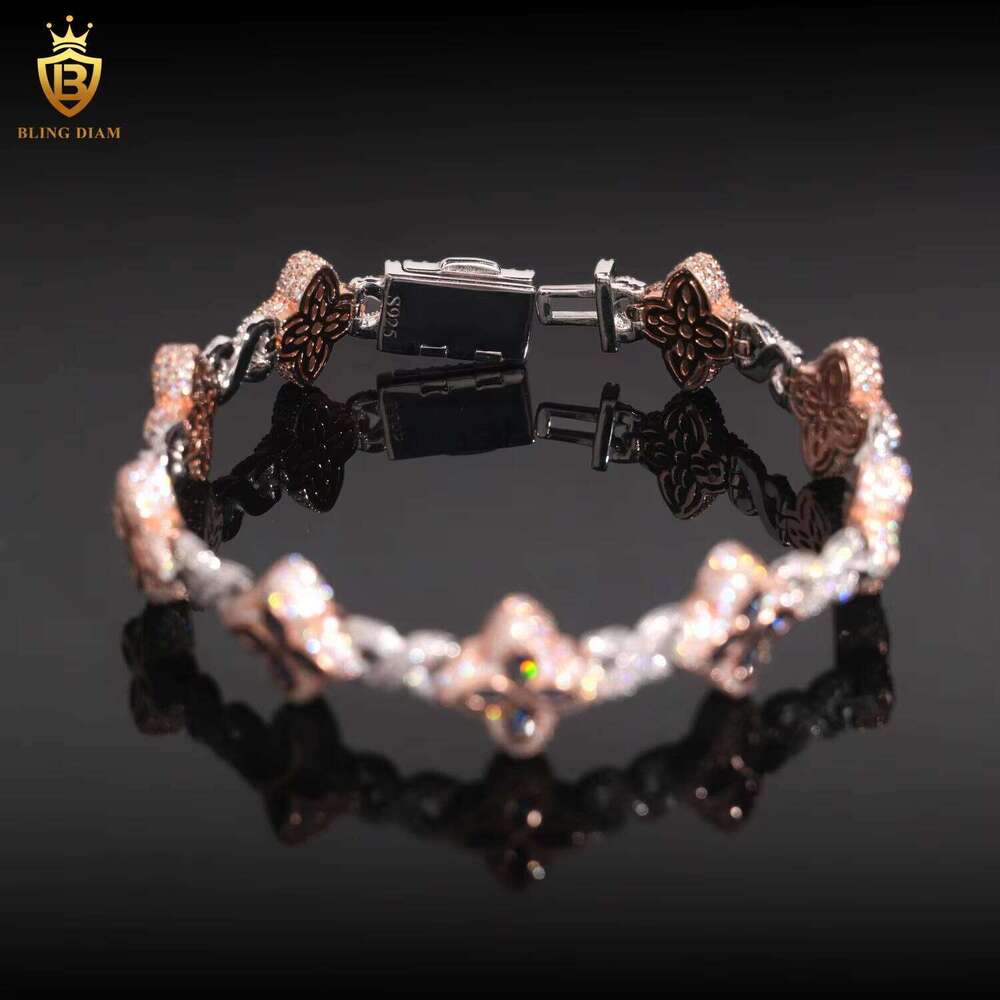 15mm Two-tone Flower Four-leaf Clover Sier Hip-hop Men's Jewelry Iced Cuban Chain Moissanite Infinity Rose Gold Pink Bracelet