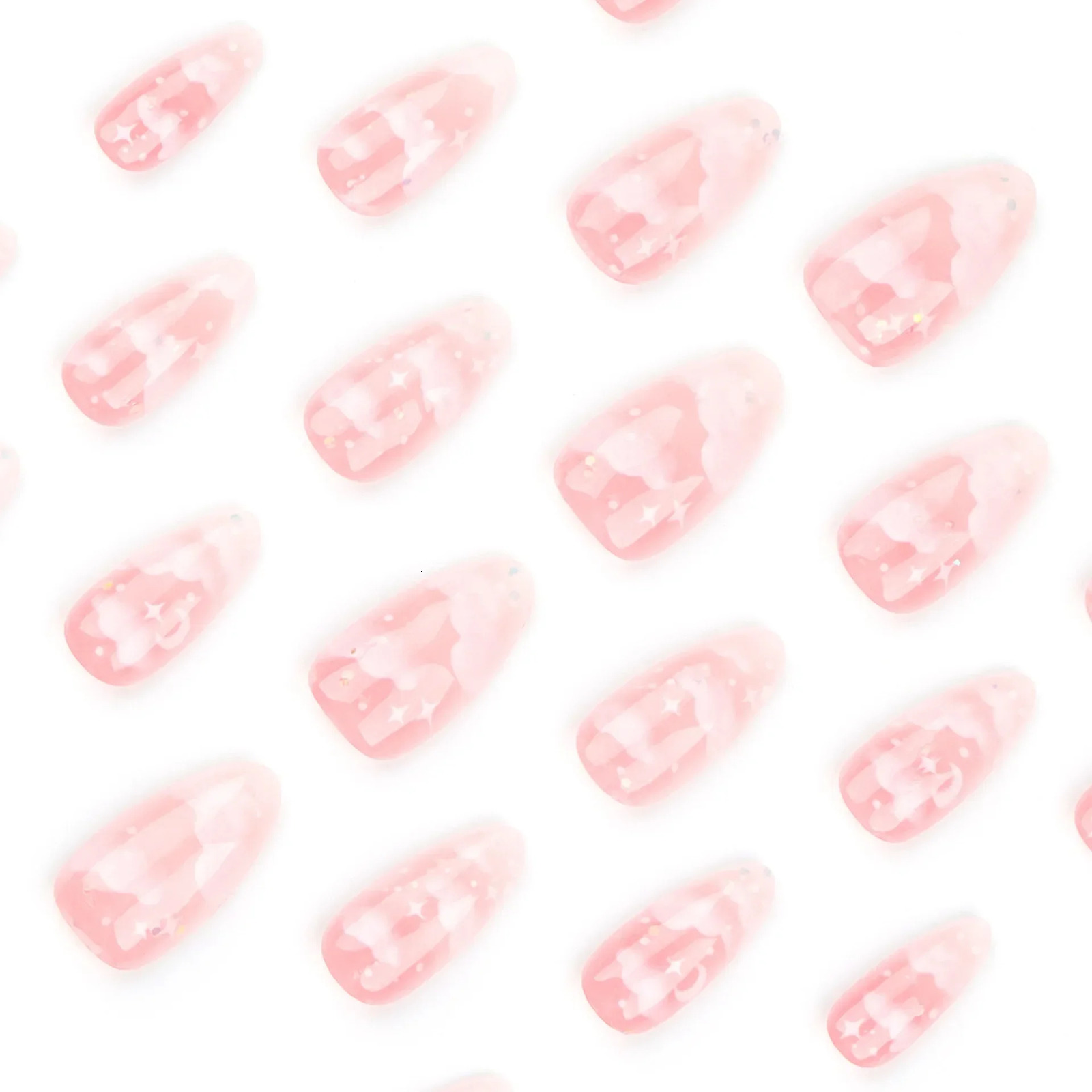 24Pcs Pink Cloud Sweet Star Moon Acrylic Nails Press on Almond Wearable Full Cover False Nails Art Tips Fingernail Beauty 251015